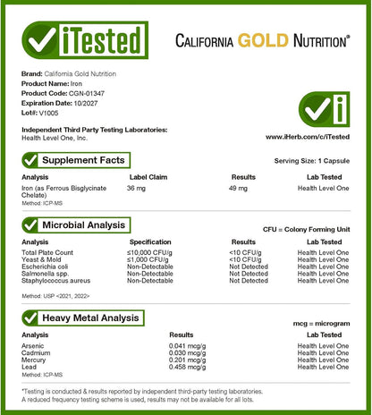 California Gold Nutrition Hierro Ferrochel, forma de quelato de bisglicinato ferroso, suave para el estómago, 36 mg, 90 cápsulas vegetale