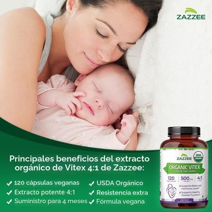 Zazzee USDA Organic Vitex 4:1 Extracto, 120 cápsulas veganas