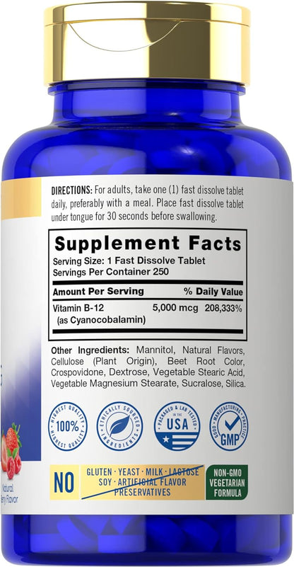 Carlyle Vitamina B12 5000mcg | 250 tabletas de disolución rápida | Sabor natural de bayas | Vegetariano, sin OMG, sin gluten