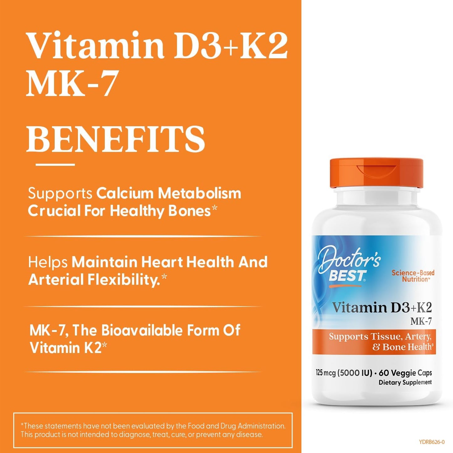 Doctor's Best - Vitamina D3 5000 UI + K2 como MK-7, 60 cápsulas vegetales
