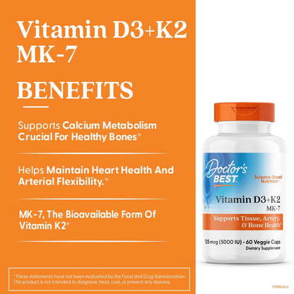 Doctor's Best - Vitamina D3 5000 UI + K2 como MK-7, 60 cápsulas vegetales