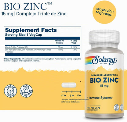 Solaray Bio Zinc 15 mg, apoyo para la salud inmunológica, 100 cápsulas