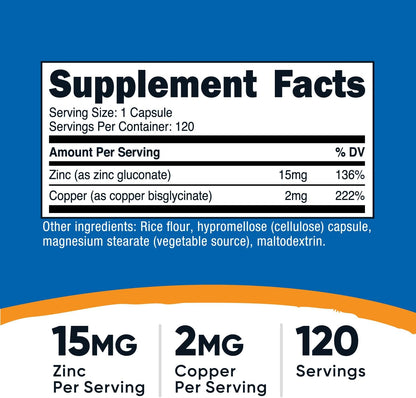 Nutricost - Zinc(15mg) + Copper(2mg), 120 capsulas