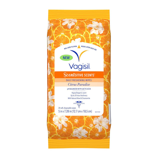 Toallitas Vagisil para limpieza general, aroma cítrico, bolsa resellable, 20 unidades