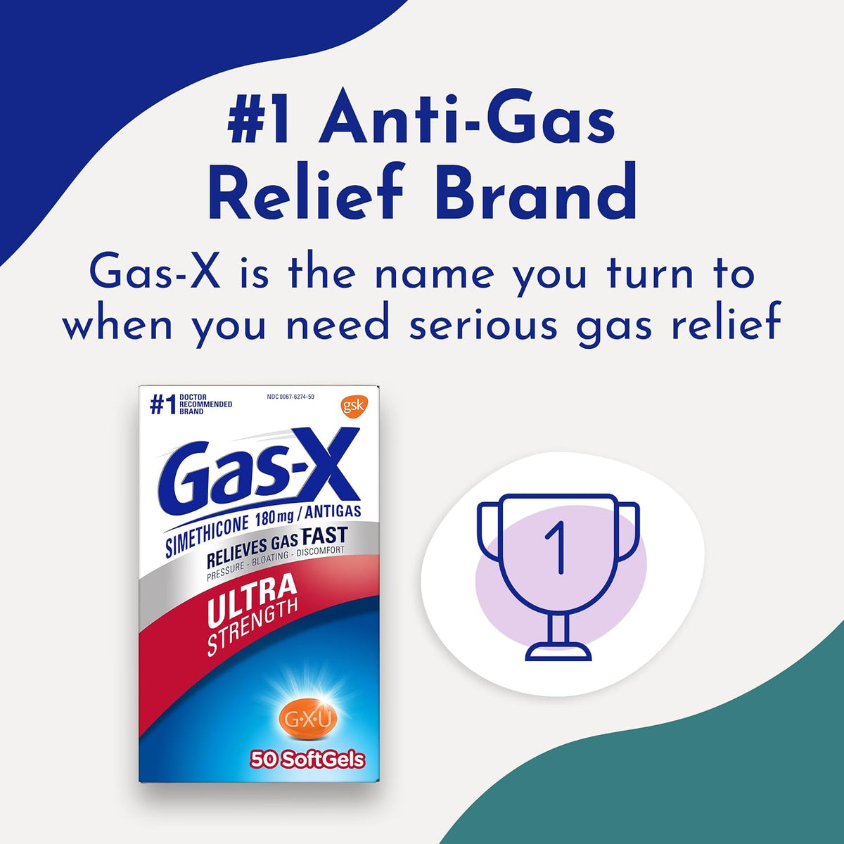 Gas-X Cápsulas blandas de alivio de gases ultra fuertes con simeticona, 180 mg para aliviar la hinchazón, 50 unidades