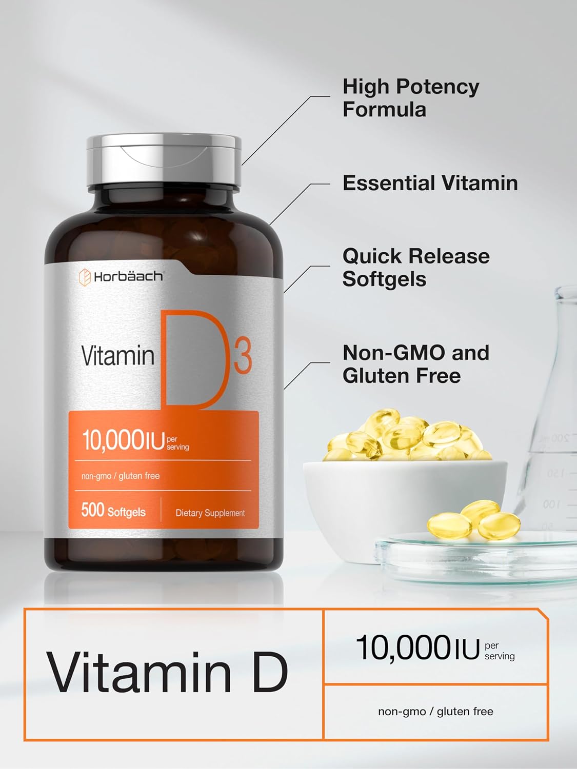 Horbäach Vitamina D3 10000 UI | 500 cápsulas blandas