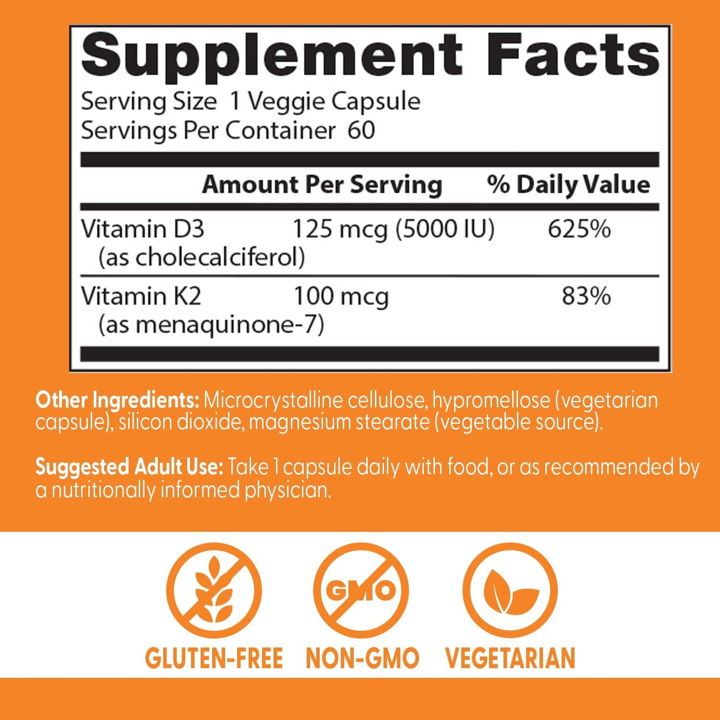 Doctor's Best - Vitamina D3 5000 UI + K2 como MK-7, 60 cápsulas vegetales