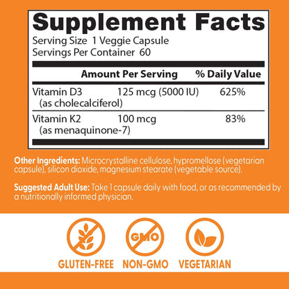 Doctor's Best - Vitamina D3 5000 UI + K2 como MK-7, 60 cápsulas vegetales