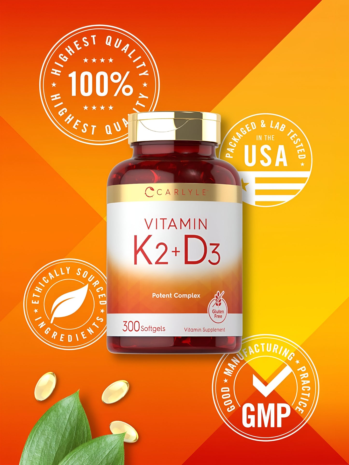 Suplemento de vitamina K2 y D3 | 300 cápsulas blandas | 200mcg K2 MK7 y 250mcg D3 | Sin OMG, sin gluten | por Carlyle