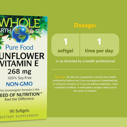 Whole Earth & Sea Vitamina E de girasol 268 mg, sin soja, 90 cápsulas blandas