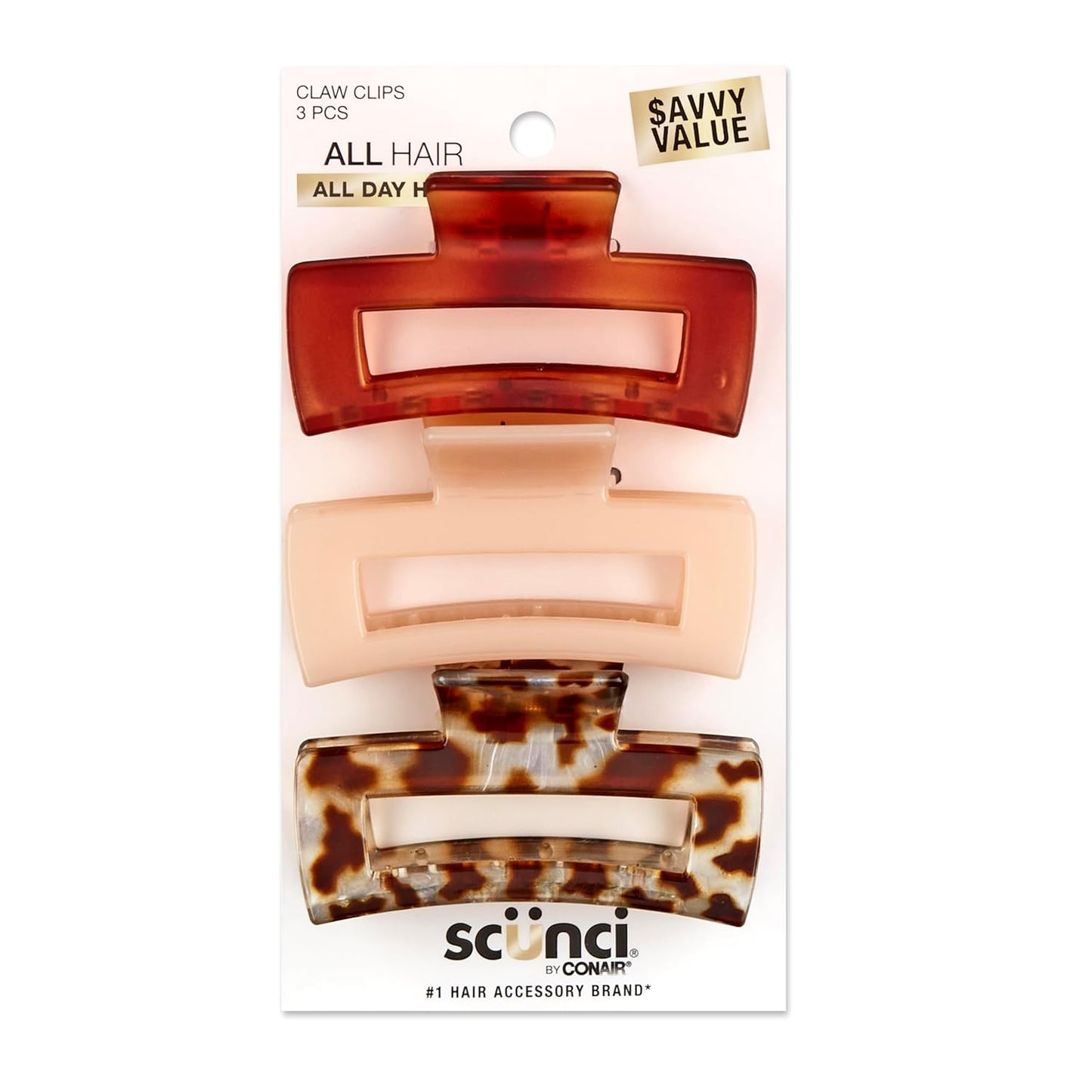 Scunci by Conair Pinzas para el cabello – 3 pulgadas – Tortuga, gris pardo y jirafa – 3 unidades