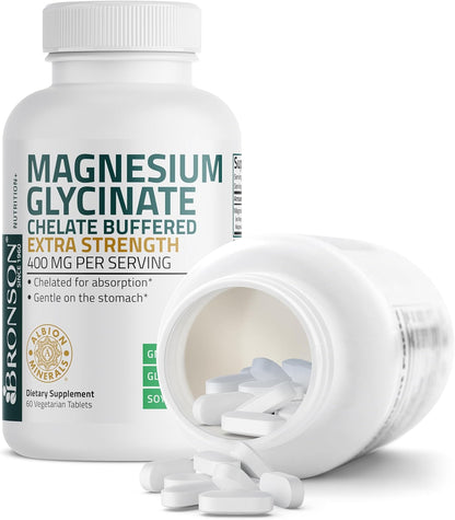 Bronson Glicinato de magnesio 400 mg extra fuerte, vegetariano, quelado , sin OMG, 60 tabletas