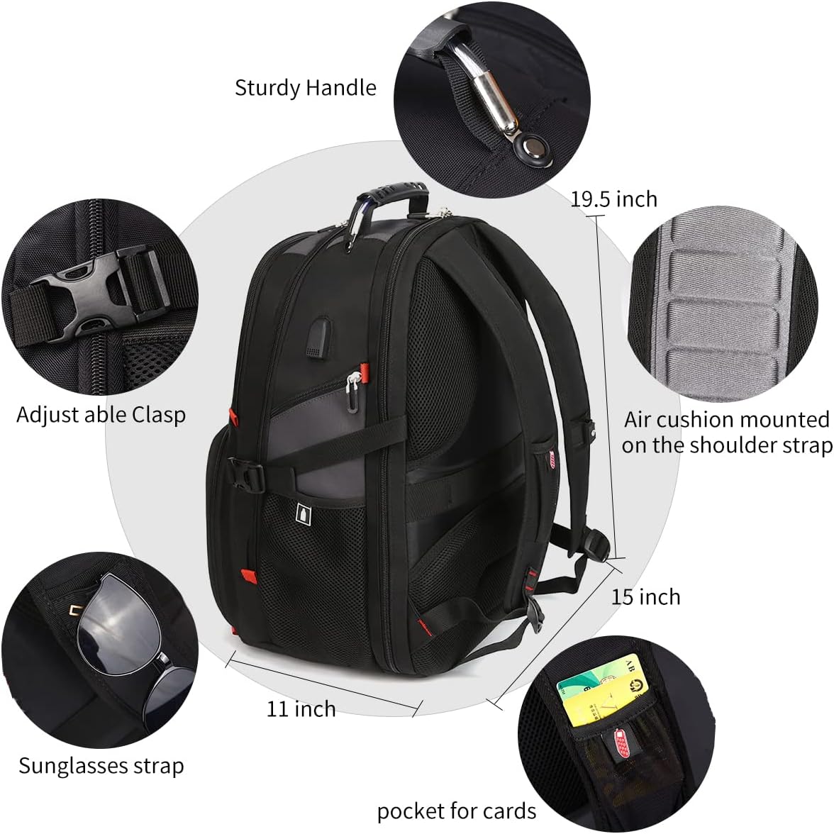 SHRRADOO Mochila de viaje extra grande + puerto USB , para laptop de 17 pulgadas