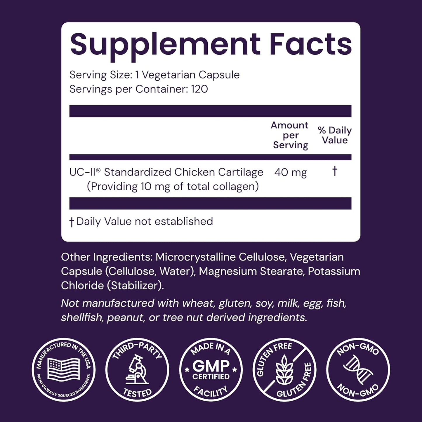 Healthy Origins UC-II 40 mg (colágeno tipo II no desnaturalizado, sin OMG, sin gluten, soporte para las articulaciones), 120 cápsulas vegetales