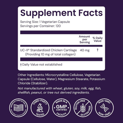 Healthy Origins UC-II 40 mg (colágeno tipo II no desnaturalizado, sin OMG, sin gluten, soporte para las articulaciones), 120 cápsulas vegetales