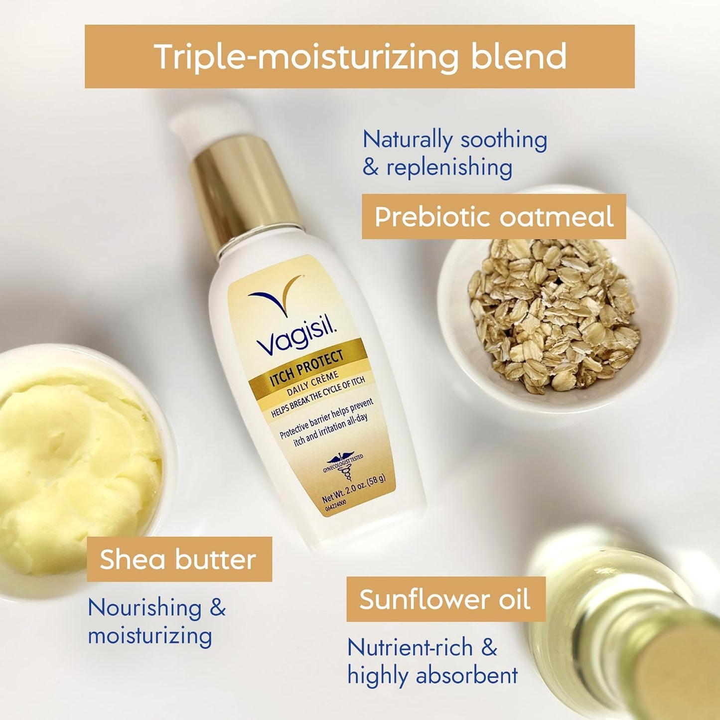 Vagisil Itch Protect - Crema diaria con avena prebiótica, fórmula protectora sin fragancia con manteca de karité y aceite de girasol,absorción rápida con pH equilibrado, hipoalergénico 58 gr.