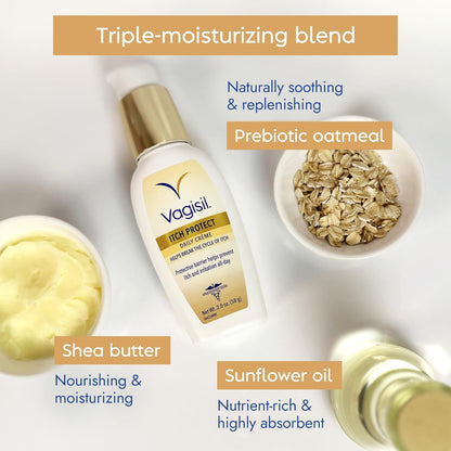 Vagisil Itch Protect - Crema diaria con avena prebiótica, fórmula protectora sin fragancia con manteca de karité y aceite de girasol,absorción rápida con pH equilibrado, hipoalergénico 58 gr.
