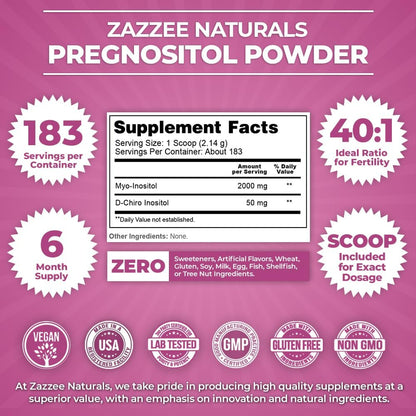 Zazzee PREGNOSITOL en polvo, 183 porciones 392 gr. 40:1 Myo Inositol Premium, D-Chiro-inositol + ácido fólico,sin OMG y todo natural.