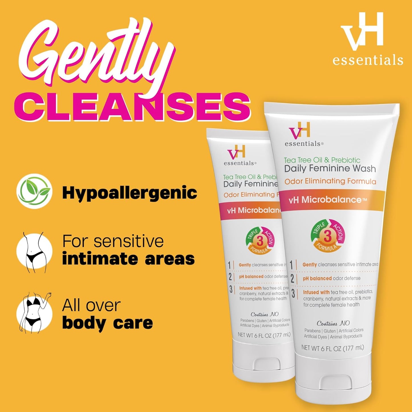 vH essentials, Ph Balanced - Lavado diario femenino, aceite de árbol de té y prebiótico, 177 ml.