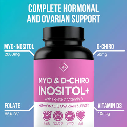 OPTIFY mio-inositol y D-chiro inositol Plus folato y vitamina D - relación 40:1 ideal - equilibrio hormonal y apoyo ovárico para las mujeres - vitamina B8 - 120 CAPSULAS