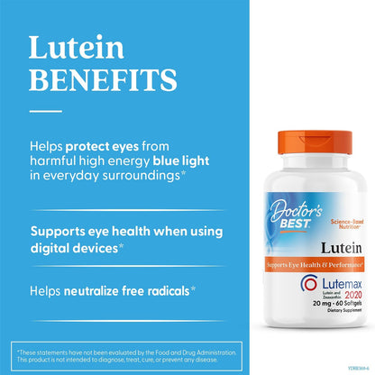 Doctor Best - Lutein 20mg extracto de flor de caléndula Lutemax 2020 - 60 cápsulas blandas