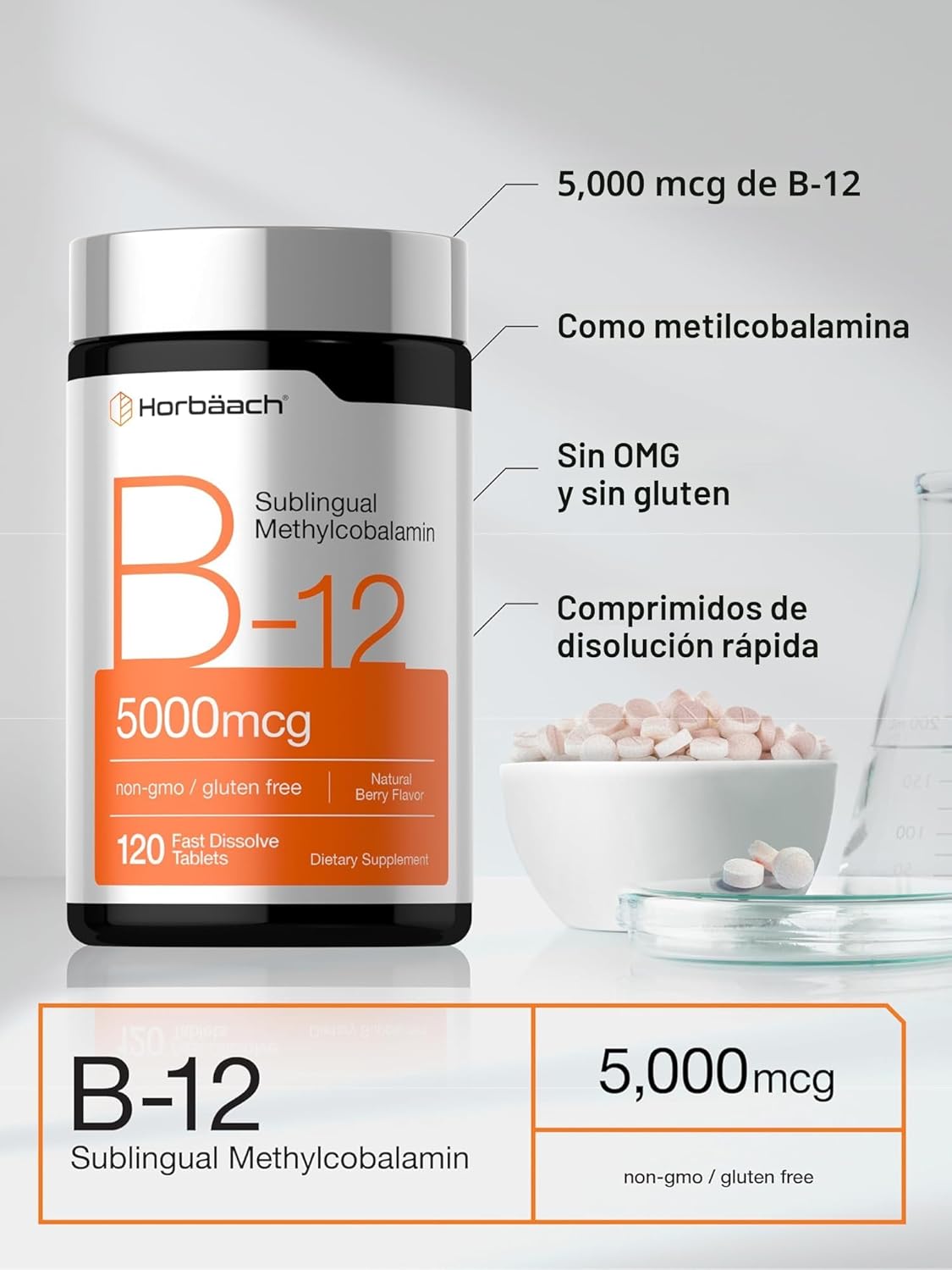 B-12 5000mcg , 120 tabletas disolventes - Horbaach