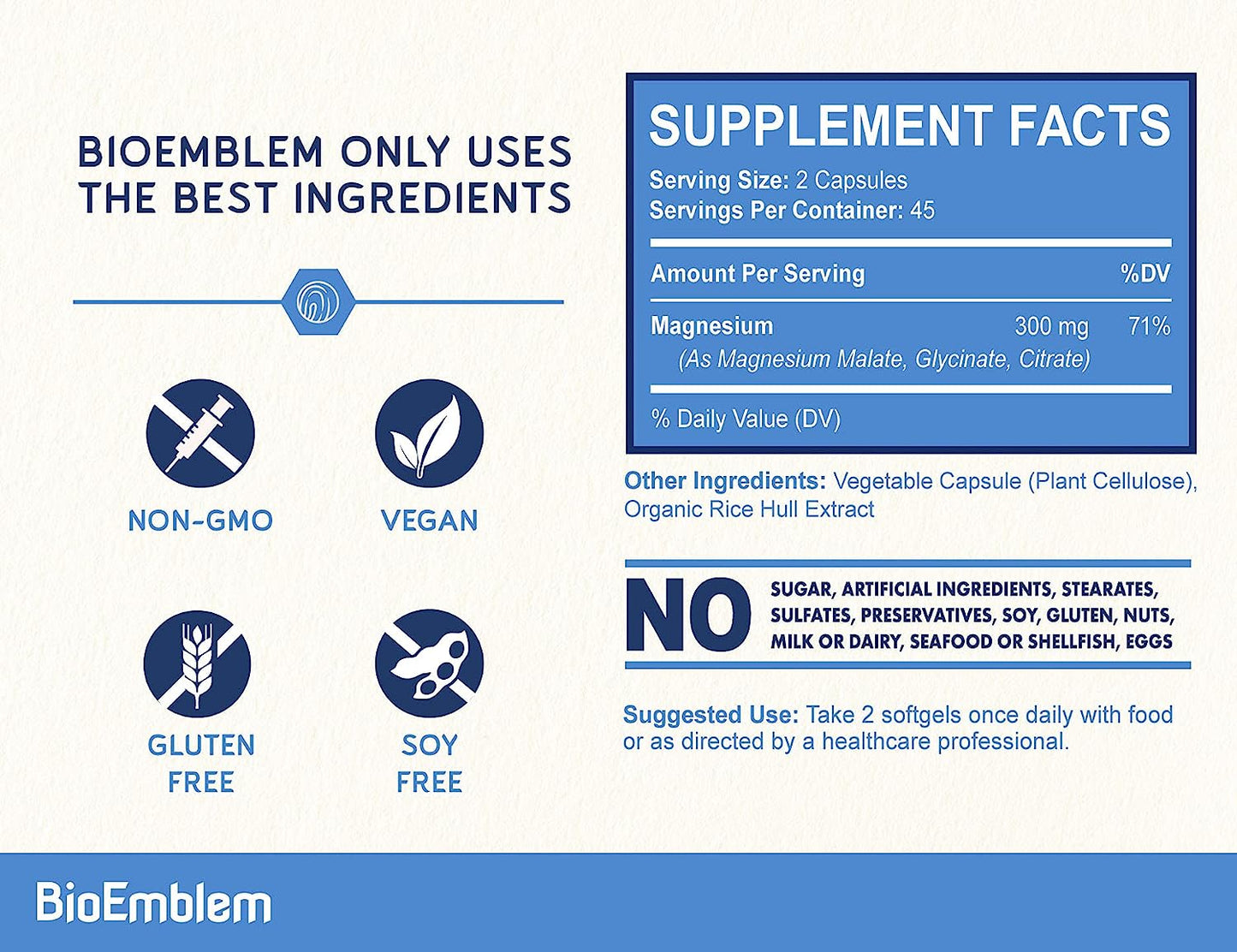 BioEmblem Complejo de Magnesio Triple, 300 mg de Glicinato de Magnesio, Malato y Citrato alta absorción, vegano, sin OMG, 90 cápsulas