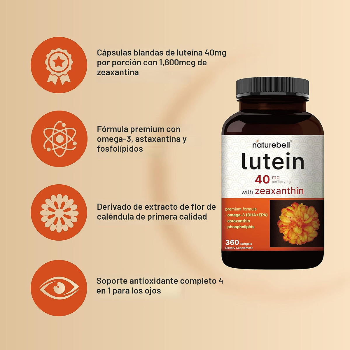 Nature Bell, Luteína 40mg + Zeaxantina 1,600mcg, 360 cápsulas blandas