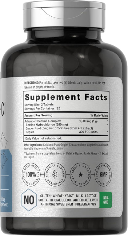 Horbäach Betaína HCl con pepsina | 1000 mg | 250 tabletas | Suplemento de clorhidrato | con raíz de jengibre | Sin OMG, sin gluten