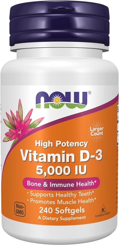 Vitamin D-3 NOW Foods, 125 mcg (5,000 IU), 240 Capsulas de Gel