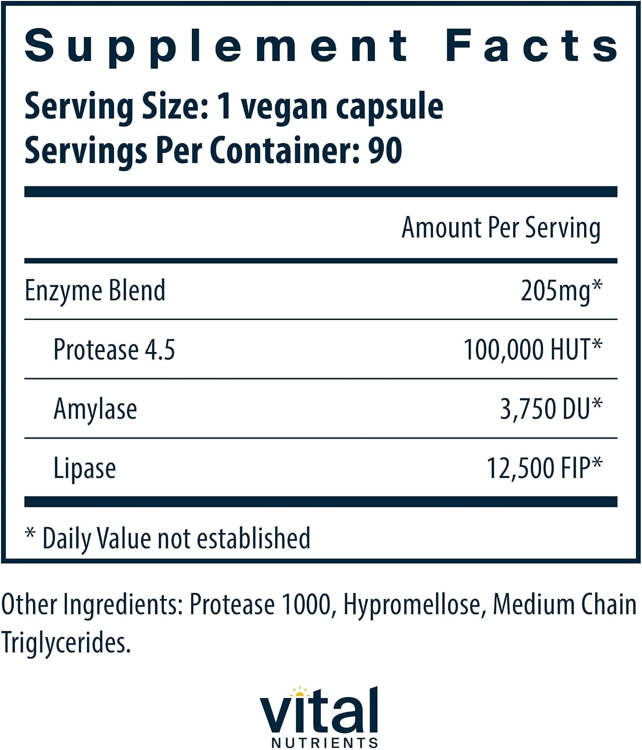 Enzimas pancreáticas veganas Vital Nutrients, 90 cápsulas