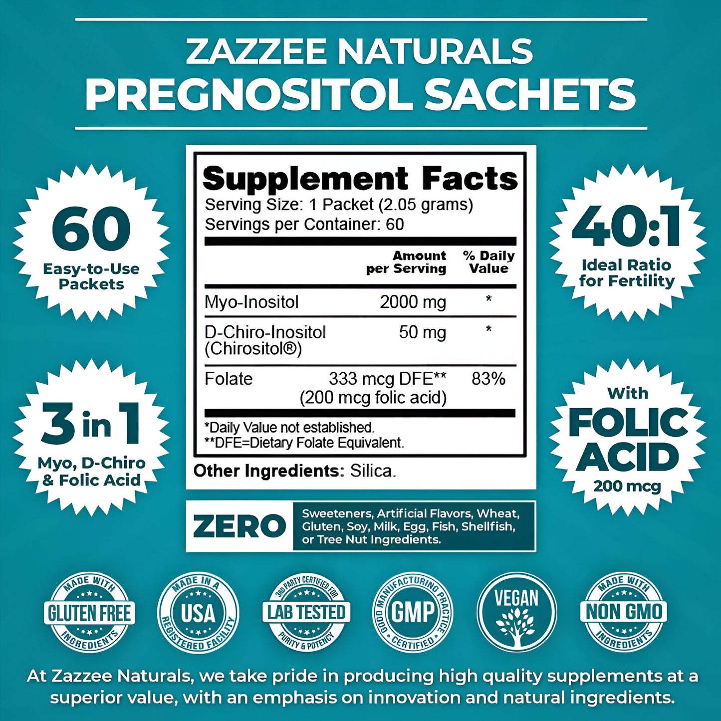 Zazzee PREGNOSITOL, suministro para 60 días, mio-inositol premium, D-quiro-inositol y mezcla de ácido fólico, proporción ideal de 40:1, 60 paquetes fáciles de rasgar, vegano, totalmente natural y sin OMG