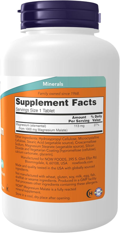 NOW Foods Suplementos, Malato de Magnesio 1000 mg, 180 Tabletas