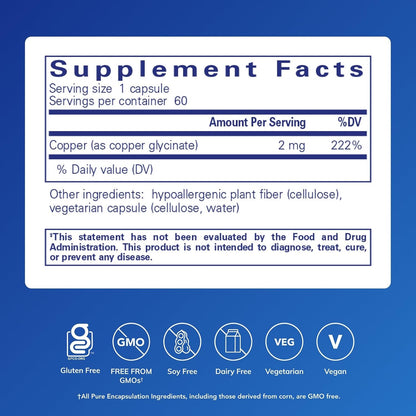 Pure Encapsulations Glicinato de Cobre, 60 Cápsulas