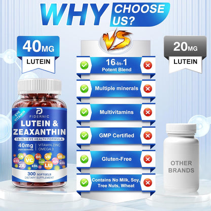 Suplemento de luteína y zeaxantina AREDS 2 Plus+, 40 mg de luteína y 8 mg de zeaxantina  - 300 cápsulas blandas