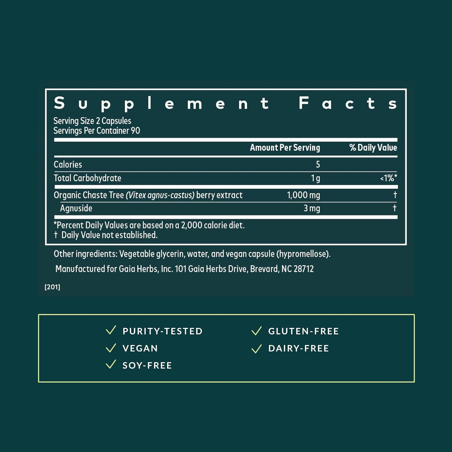 Gaia Herbs Vitex Berry - Árbol casto orgánico de 1000 mg - 180 fito-cápsulas