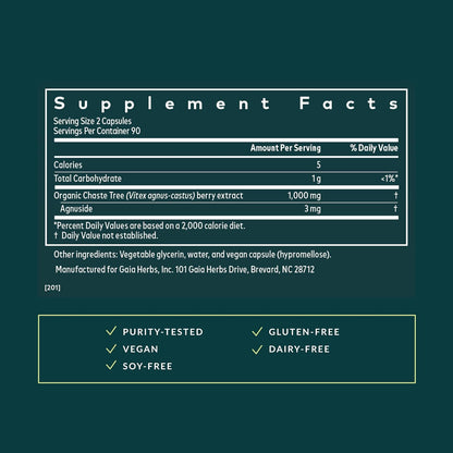 Gaia Herbs Vitex Berry - Árbol casto orgánico de 1000 mg - 180 fito-cápsulas