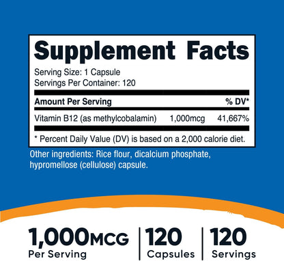 Nutricost Vitamina B12 (metilcobalamina) 1000mcg, 120 cápsulas