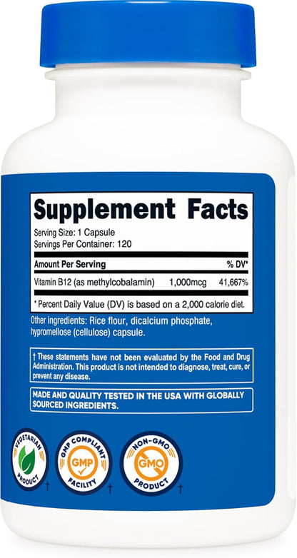 Nutricost Vitamina B12 (metilcobalamina) 1000mcg, 120 cápsulas