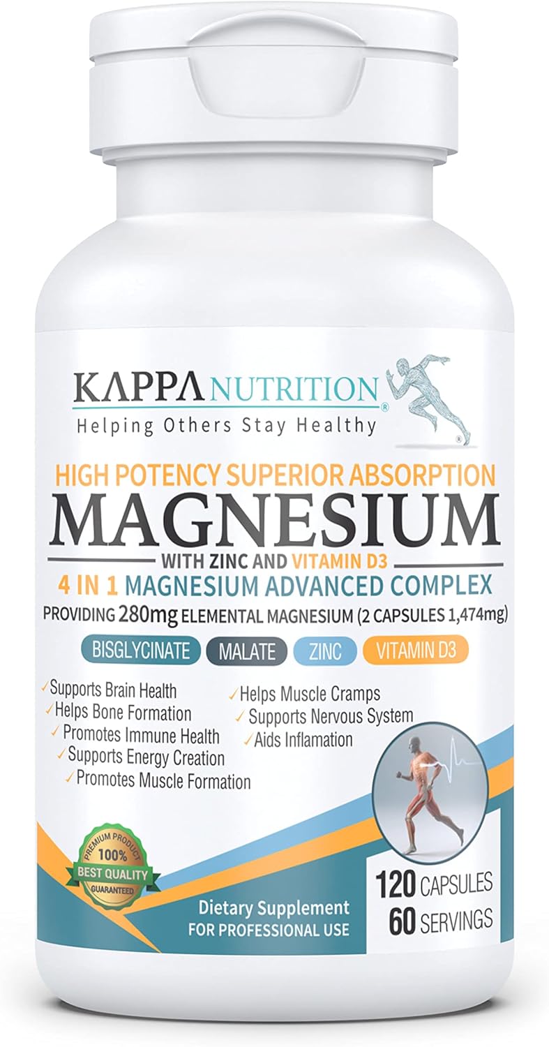 Kappa Nutrition Magnesio Advanced Complex  glicinato, bisglicinato, malato, zinc, vitamina D3 - 120 Cápsulas