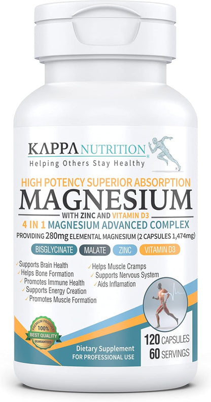 Kappa Nutrition Magnesio Advanced Complex  glicinato, bisglicinato, malato, zinc, vitamina D3 - 120 Cápsulas
