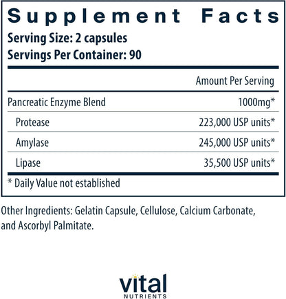 Vital Nutrients Enzimas pancreáticas de 1000 mg (fuerza completa) - 180 cápsulas