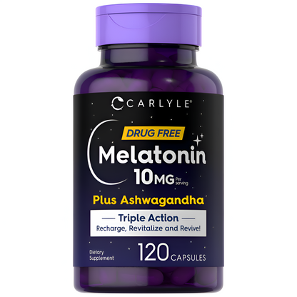 Melatonina 10 mg | 120 cápsulas | con Ashwagandha | Fórmula de triple fuerza | Sin OMG, suplemento sin gluten | por Carlyle