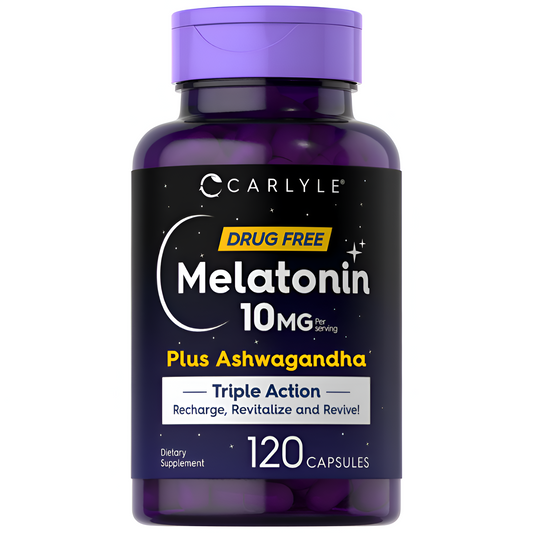 Melatonina 10 mg | 120 cápsulas | con Ashwagandha | Fórmula de triple fuerza | Sin OMG, suplemento sin gluten | por Carlyle