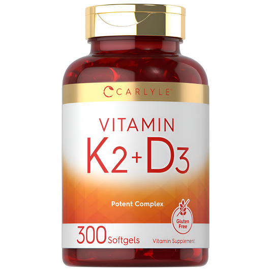 Suplemento de vitamina K2 y D3 | 300 cápsulas blandas | 200mcg K2 MK7 y 250mcg D3 | Sin OMG, sin gluten | por Carlyle