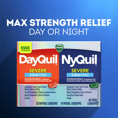 Vicks DayQuil y NyQuil Liquicaps para el resfriado severo y la gripe 72 caps (48caps dayquil + 24 caps nyquil)