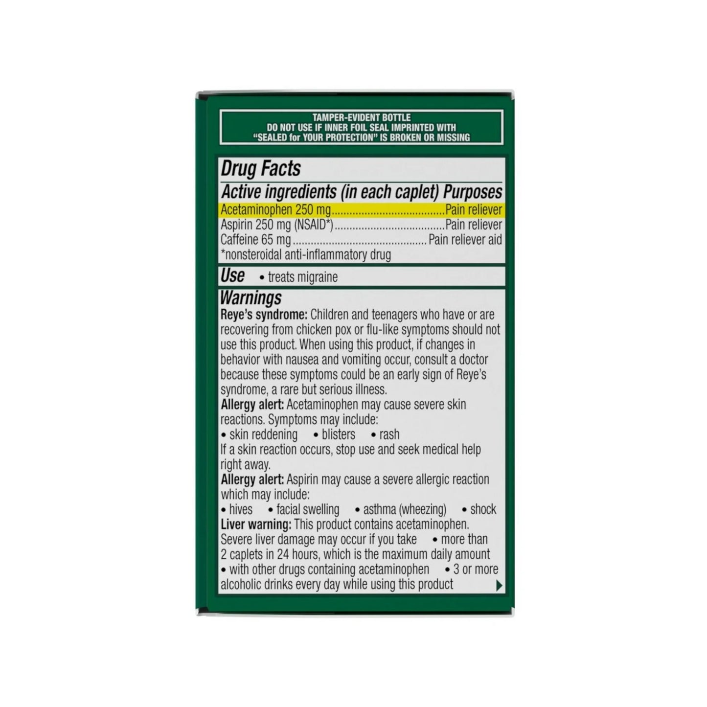 Excedrin - Alivio de la migraña (acetaminofén 250 mg, aspirina 250 mg, cafeína 65 mg), comprimidos analgésicos para  dolor de cabeza, 24 comprimidos