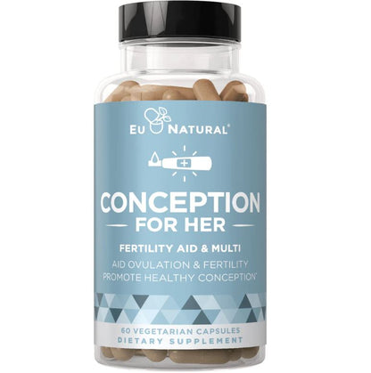 Conception For Her - Vitaminas de Fertilidad Prenatales para Mujer regulan tu ciclo, balance de hormonas, ayudan de la ovulación, y luchan contra síndrome de ovario poliquístico; mioinositol, vitex, ácido fólico; 60 cápsulas