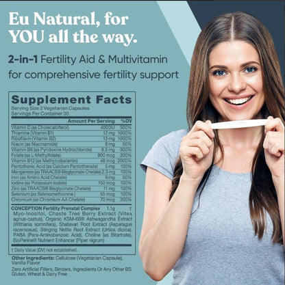 Conception For Her - Vitaminas de Fertilidad Prenatales para Mujer regulan tu ciclo, balance de hormonas, ayudan de la ovulación, y luchan contra síndrome de ovario poliquístico; mioinositol, vitex, ácido fólico; 60 cápsulas