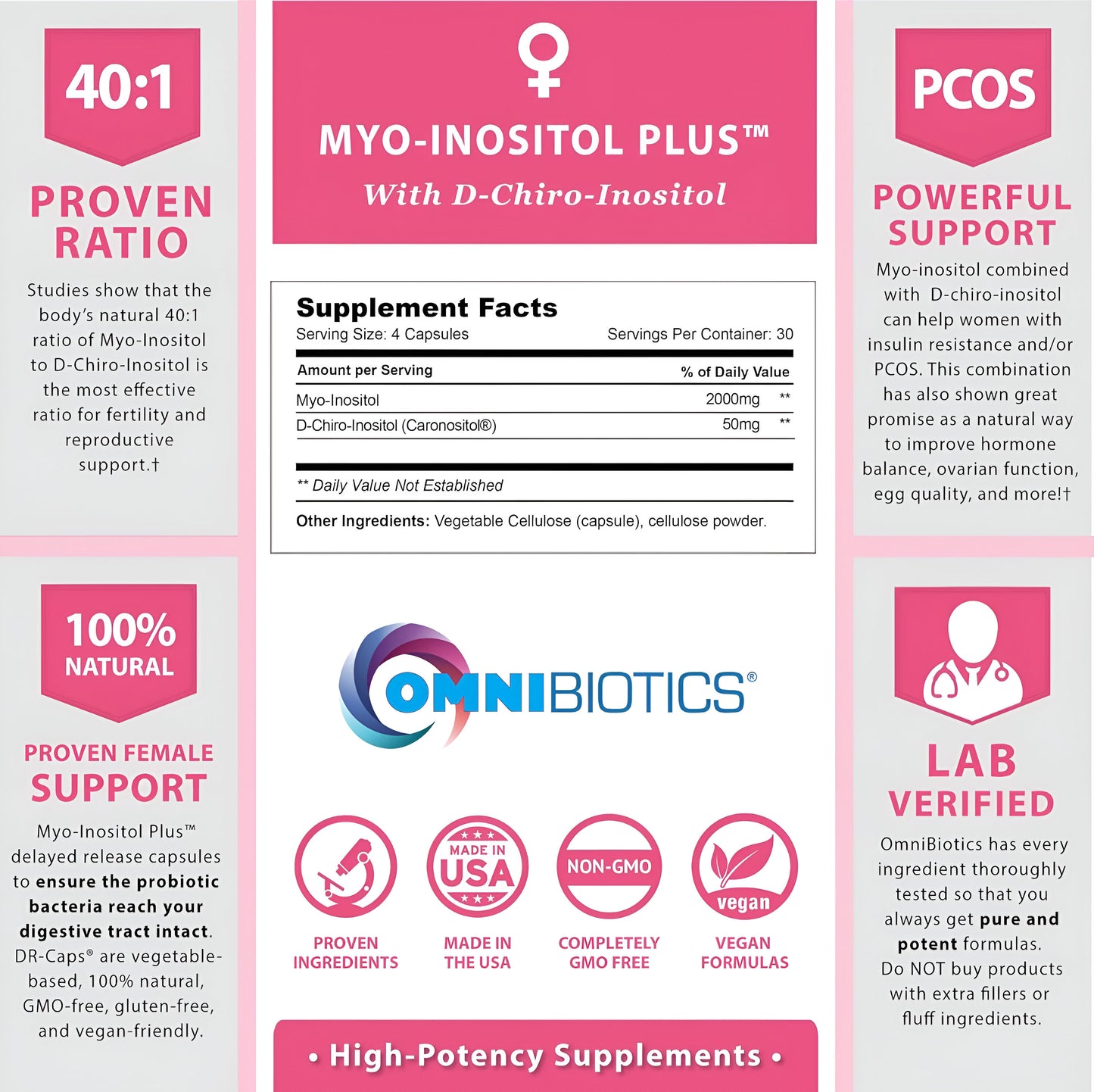 Myo-Inositol Plus & D-Chiro-Inositol ,Suplemento Ovario Poliquistico,promueve el balance hormonal y funcion ovarica - Fertilidad natural 120 Capsulas